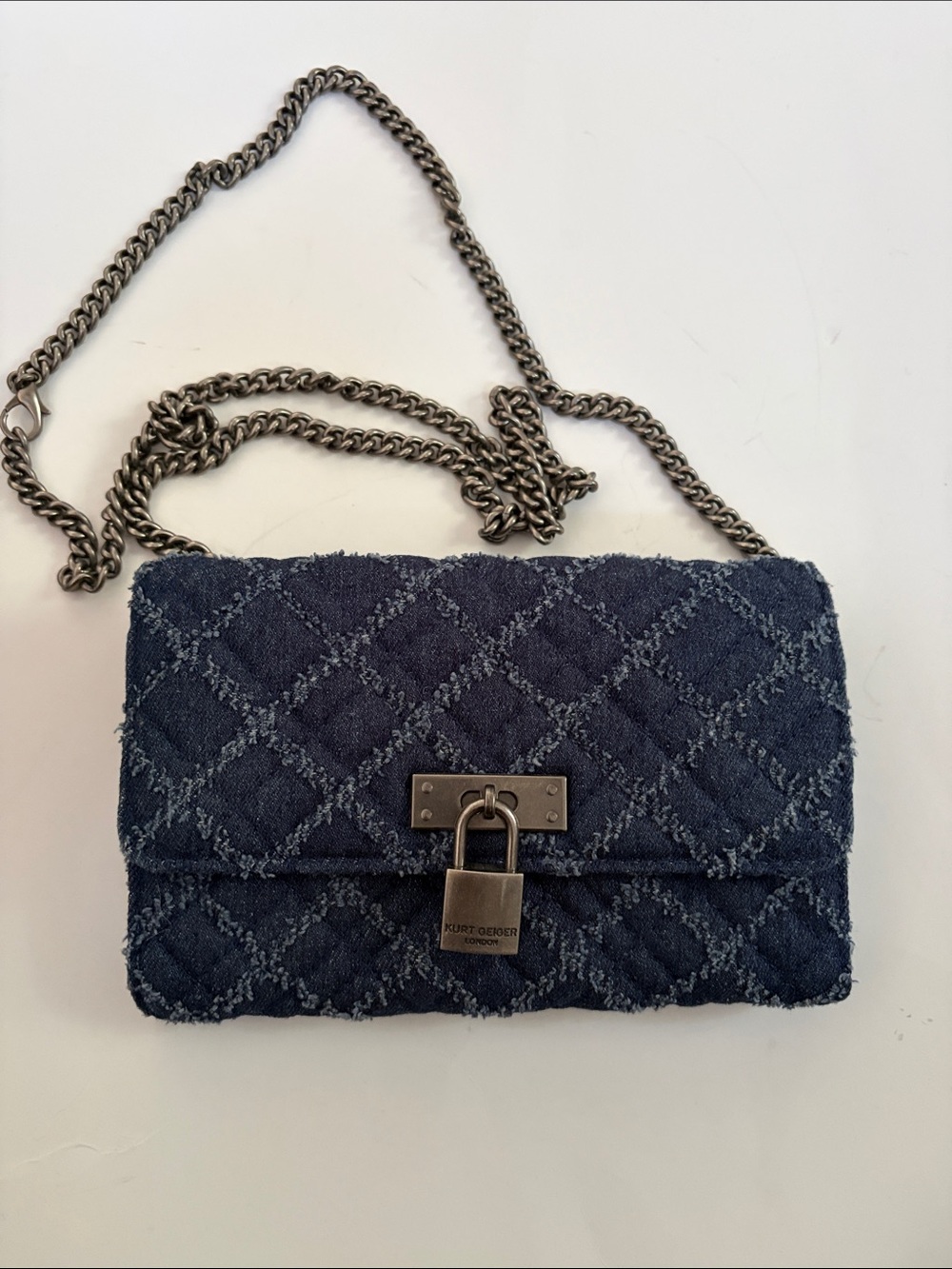 Kurt Geiger Navy Quilted Denim Chain Crossbody with Padlock